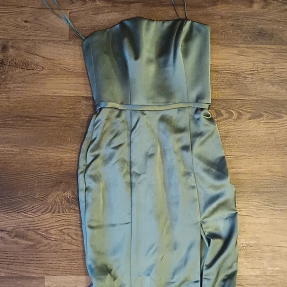 Amsale Olive Green Satin Style Mermaid Slit Formal Dress aaa - Picture 1 of 6